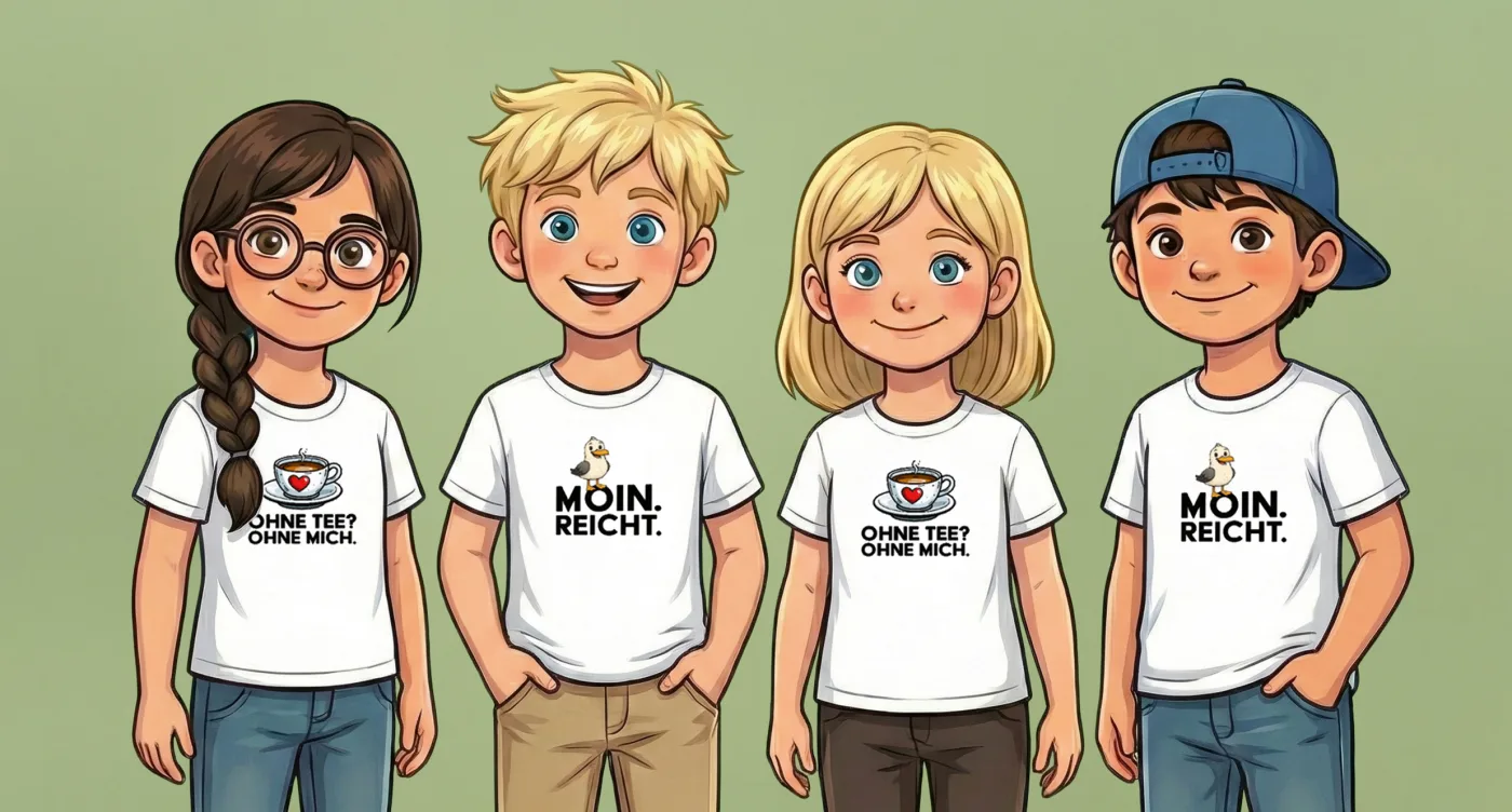 Lena, Finn, Nele und Tom nebeneinander in weißen T-Shirts mit den Aufdrucken »Ohne Tee? Ohne Mich.« und »Moin. Reicht.«