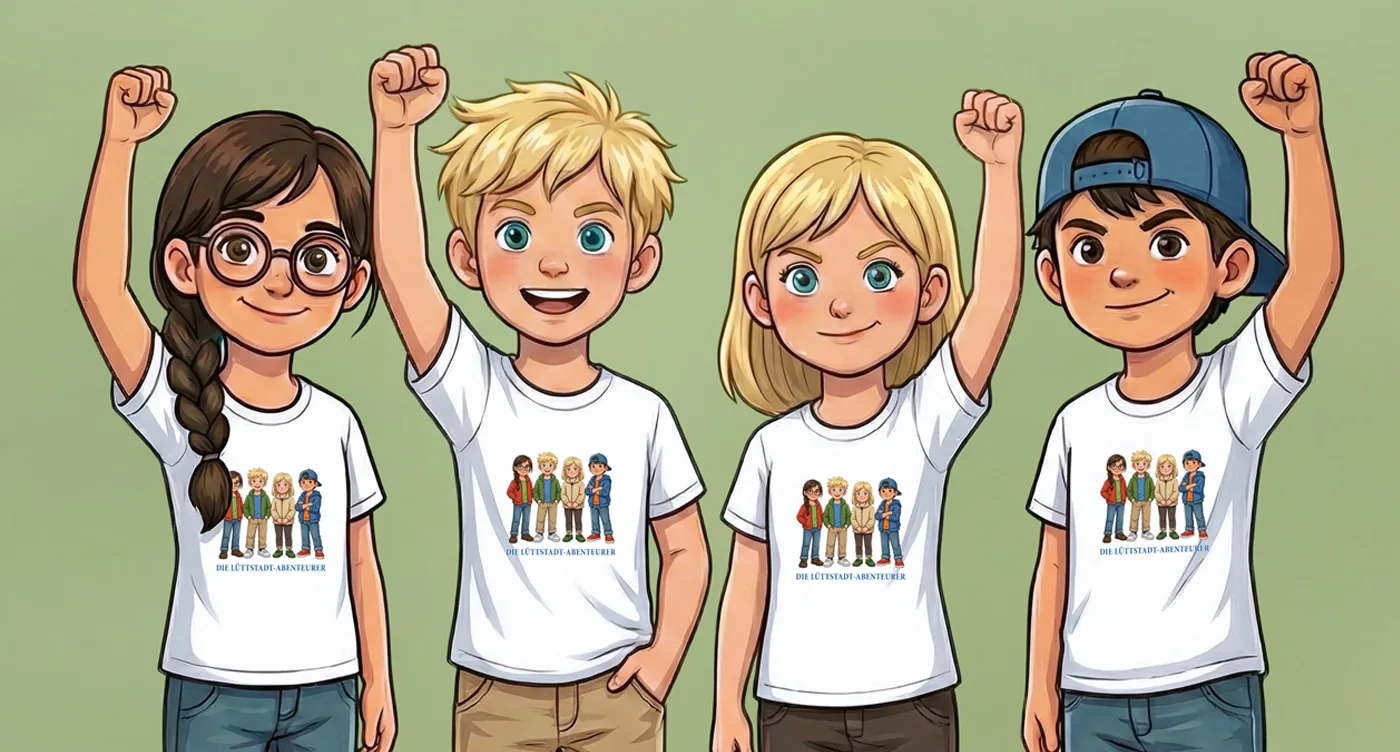 Lena, Finn, Nele und Tom recken die Fäuste, alle in weißen T-Shirts mit den vier Freunden und dem Schriftzug »Die Lüttstadt-Abenteurer«
